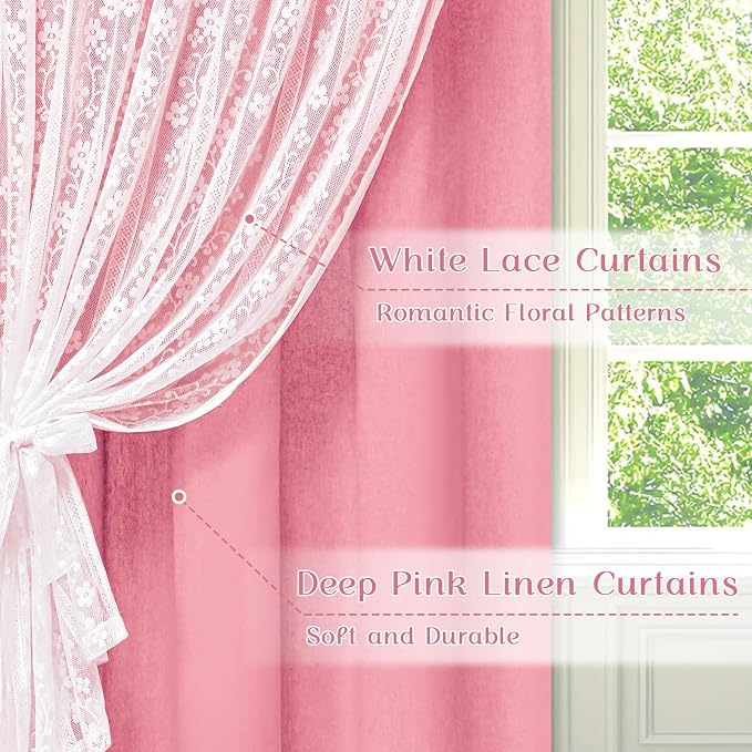ASPMIZ Pink Kitchen Curtains Double Layer Curtains with Linen Lace, Linen Kitchen Window Curtain 36 inch Length, Farmhouse Tier Curtain with 2 Tiebacks, Rod Pocket Window Treatments for Cafe Bathroom