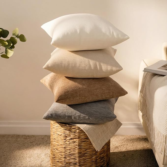 Set of 4 Neutral Throw Pillow Covers 24x24 Inch, Neutral Boho Farmhouse Aesthetic Decorative Pillow Cases for Couch, Sofa, Living Room & Bed, Soft Chenille Pillow Cases, Stylish Home Decor, 60x60 cm