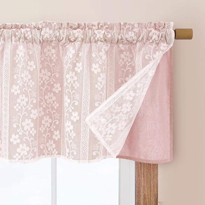 ASPMIZ Linen Valances for Windows Farmhouse, Double Layers Kitchen Curtains with Linen and Lace, Rustic Valance Curtains for Small Window, Kitchen, Bathroom, Cafe, 52 x 18 Inch Rod Pocket, Pink