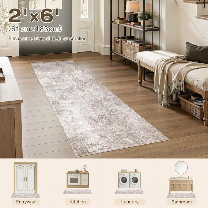 Machine Washable Runner Rug 2x6, Non Slip Soft Rug for Hallway | Modern Abstract Carpet, Stain Resistant and Kid & Pet Friendly, Low Pile Joint Friendly, Made for Kitchen, Bedside - Brown