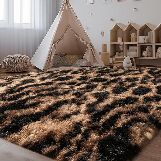 qulint Leopard Rug for Living Room, 5x7 Fluffy Carpet for Bedroom Nursery | Soft Shaggy Cheetah Rug for Kids Room, Modern Animal Carpet for Dorm Room Classroom Home Decor Aesthetic