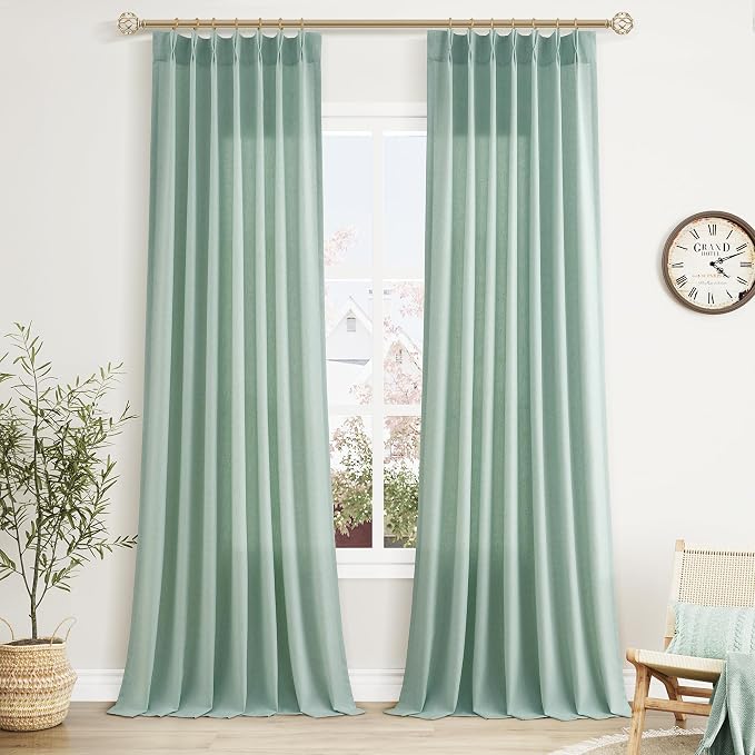 Aersas Aqua Green Pinch Pleated Linen Curtains 96 Inch Length 2 Panels for Living Room Bedroom Semi Sheer Window Curtain Boho Neutral Back Tab Pinch Pleat Drape with Hooks 40x96