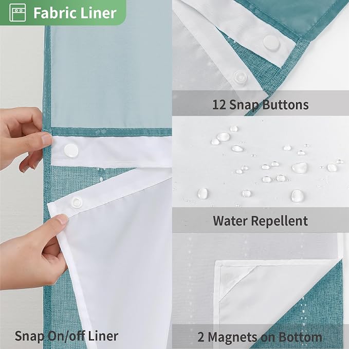 eachope Boho Farmhouse No Hook Shower Curtain Set with Snap-in Fabric Liner,Heavy-Duty Linen Textured Rustic Striped Design,Water-Repellent with Tassels and Sheer Window,Teal,71x74
