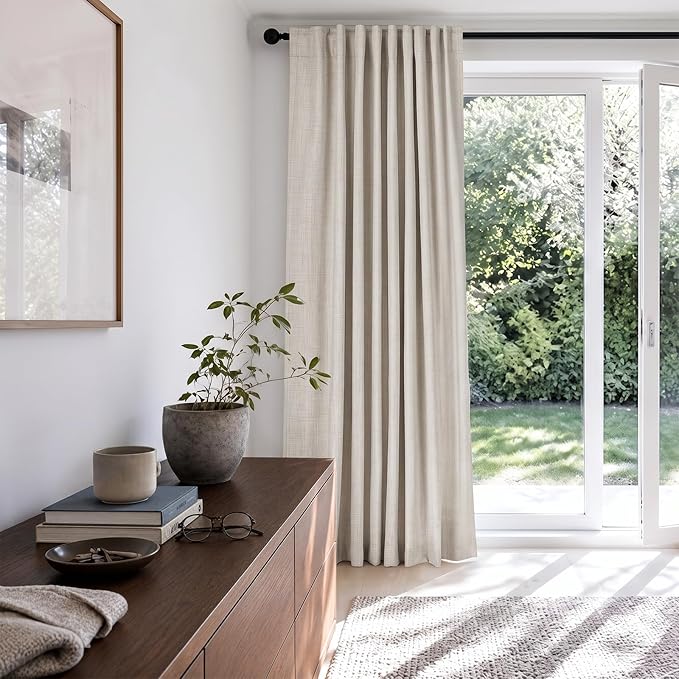 100% Blackout Shield Linen Blackout Sliding Door Curtains for Living Room, Back Tab/Rod Pocket Thermal Insulated Curtains for Sliding Glass Doors, 1 Panel Set, 100" W x 96" L, Cream