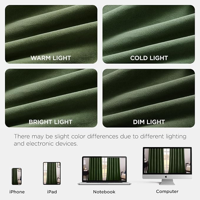 Joydeco 100% Blackout Velvet Curtains Olive Green 102 Inch Back Tab | Luxury Thermal Insulated Velvet Curtains for Bedroom Living Room, Soundproof Blackout Window Drapes
