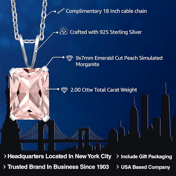Gem Stone King Emerald Cut Pendant Necklace For Women | 925 Sterling Silver | Emerald Cut 9X7MM | Gemstone Birthstone | Fine Jewelry for Her Mom Wife | With 18 Inch Silver Chain