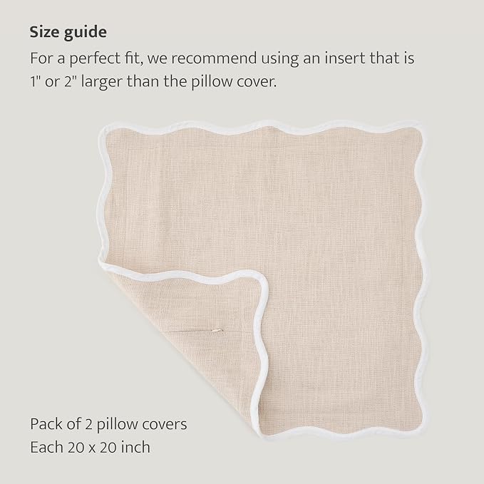 Double Stitch Scalloped Throw Pillow Covers - 100% Cotton Set of 2 Decorative Boho Pillow Covers 20 x 20, Made in India, Square Cushion Case, Modern Home Decor for Couch Sofa Living Room, Oat Milk