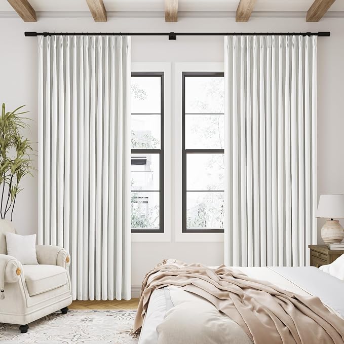 Extra Long 100% Blackout Linen Curtains 120 Inches Long for Living Room Bedroom Large Window Pinch Pleated with Hooks Rings Back Tab Thermal Insulated Light Blocking Boho Track Curtains Birch Ivory