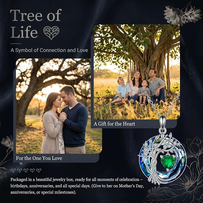 CRMAD Tree of Life Necklace Birthstone Pendant Necklaces with Crystal Anniversary Birthday Wedding Jewelry for Mom Her Wife Sister