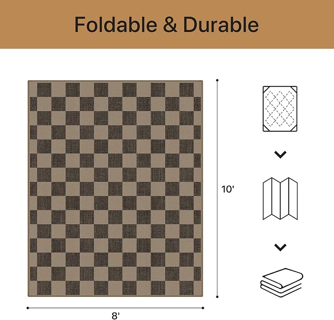 GENIMO Indoor Outdoor Area Rug 8'x10', Checkered Easy Jute Rug Machine Washable, Easy-Cleaning, Non Slip Plaid Outdoor Carpet for Patio, Living Room, Backyard, Porch, Deck, Balcony