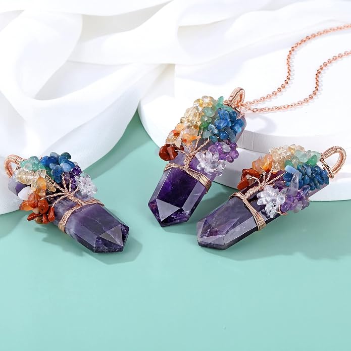 Natural 7 Chakra Stone Life Tree Pendant Necklace Reiki Healing Crystal Tumbled Stones Necklace Women Jewelry for Good Luck, Meditation, Protection, Energy Balancing, Gift