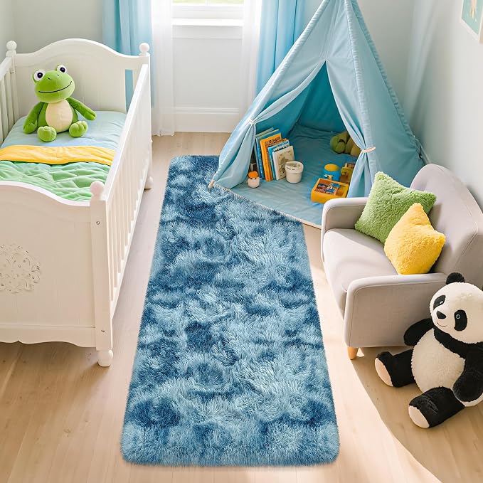 2x5 Feet Soft Fluffy Blue Runner Rug for Bedroom Living Room, Washable Plush Shag Carpet for Nursery Dorm, Fuzzy Bedside Rug for Kids Girls Room, Aesthetic Home Decor