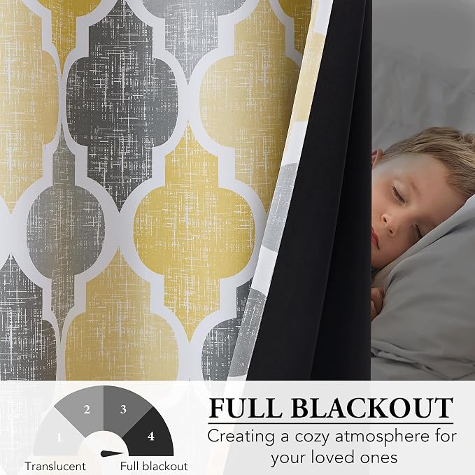 Beauoop Moroccan 100% Blackout Curtains Bedroom Yellow Grey 50x90 2 Panels | Geometric Room Darkening Drapes for Living Room 90 Inch Long Thermal Insulated Soundproof Lattice Window Treatment Grommet