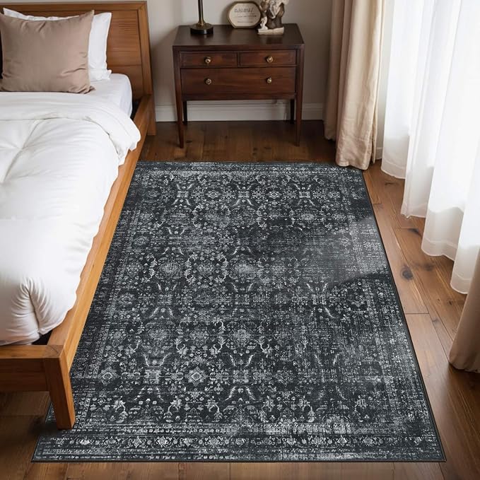 Rugxara Black 4x6 Area Rug Washable Rug for Living Room Bedroom Office | Non Slip, Throw Rug for Entryway Dining Room Kids Room, Stain Resistant, Soft, Low Pile, Vintage Boho Floral Carpet