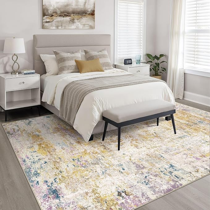 8x10 Area Rugs Living Room: Washable Large Neutral Rug Abstract Soft Modern Stain Resistant Indoor Floor Non-Slip Carpet for Bedroom Nursery Kids Classroom Playroom Dining Room- Gold Multi