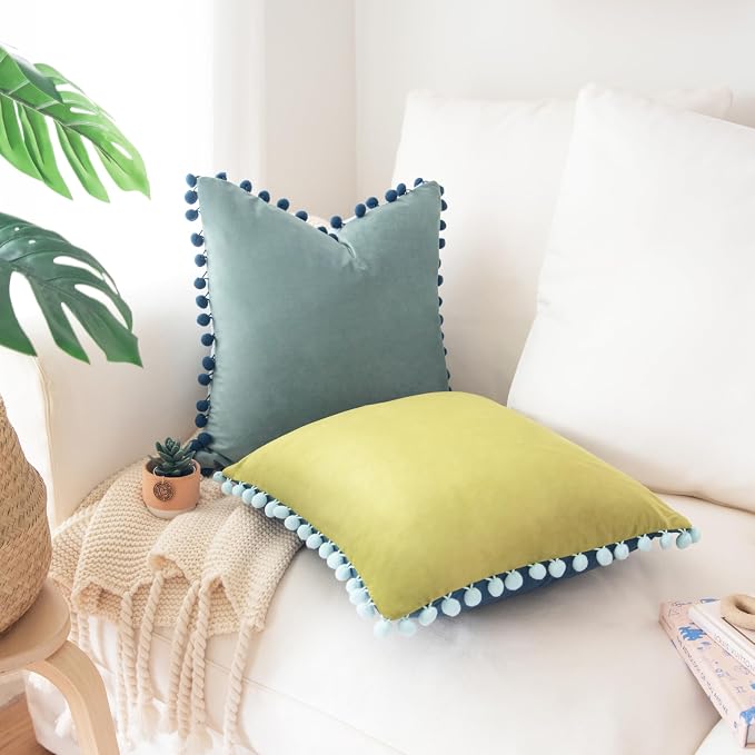 MONDAY MOOSE Decorative Throw Pillow Covers Cushion Cases, Set of 2 Soft Velvet Pom Poms Double-Sided Designs, Mix and Match for Home Decor, Pillow Inserts Not Included (16x16 inch, Green/Blue)