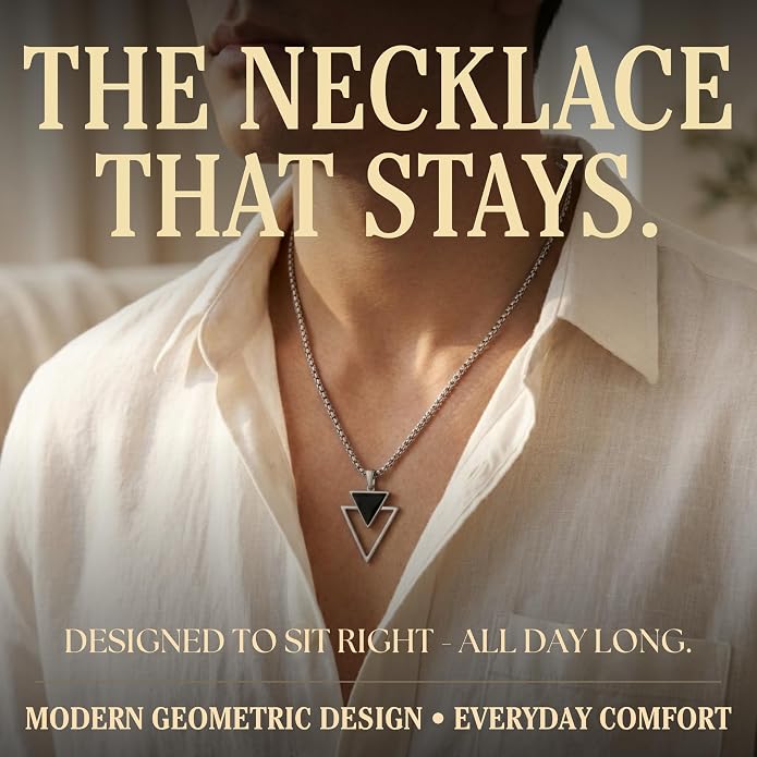 Galis Mens Necklace - Premium Stainless Steel Silver Chain Necklace, Non Tarnish, Chains, Triangle, Cross, Black Enamel, Compass Pendant, Stylish Jewelry - Gift for Him 24"
