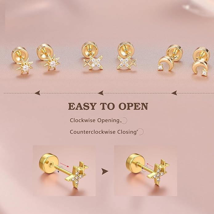 14K Gold Plated Solid 925 Sterling Silver Post Flat Back Earrings Stud | Cartilage Helix Conch Tragus Piercing Jewelry 3 Pairs Tiny Screw Dainty CZ Opal Earring Set Men Women