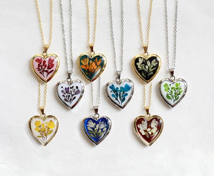 Handmade Dried Pressed Flower Heart Shaped Photo Locket Pendant Necklace