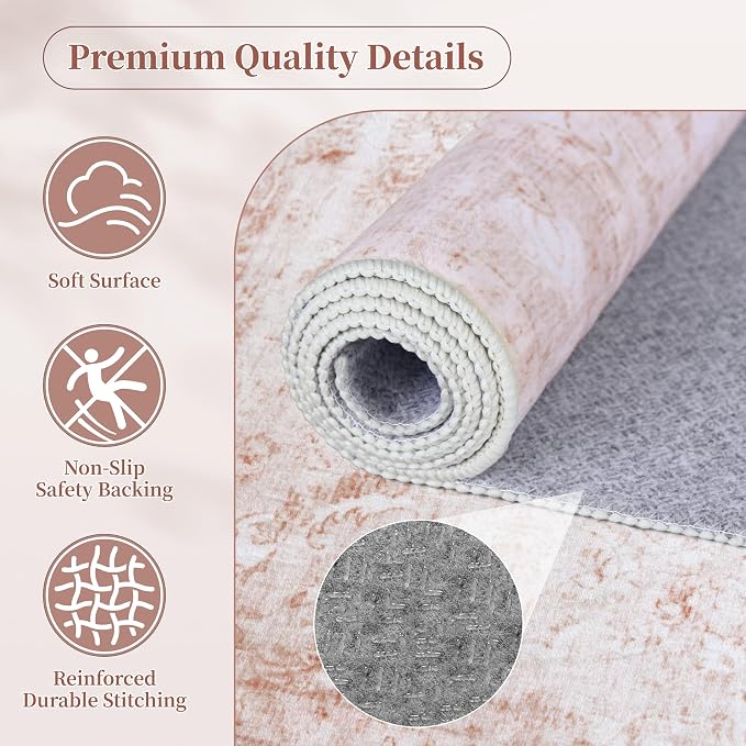 Pink Washable Rugs 5x7, Neutral Vintage Boho Carpet for Nursery | for Bedroom and Living Room, Low Pile Indoor Area Rug with Non-Slip Silicone Backing, Non-Shedding, Thin