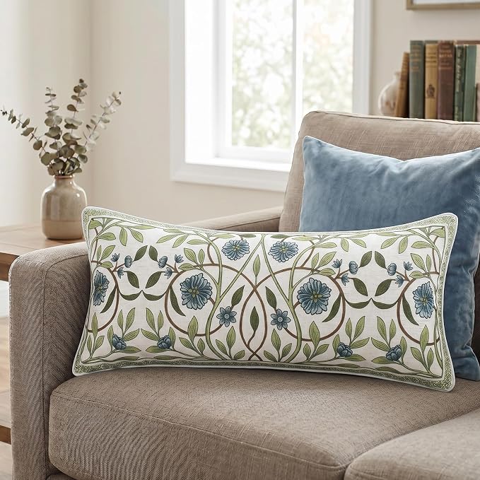 ISAENNE Designer Vintage Linen Throw Pillow Cover,28"x12"-Mosella A | French Elegant Rectangle Decor Pillow Cover,Concealed Zipper Design,Floral Pattern,Sofa,Bedroom,Living Room,Lounge Chairs