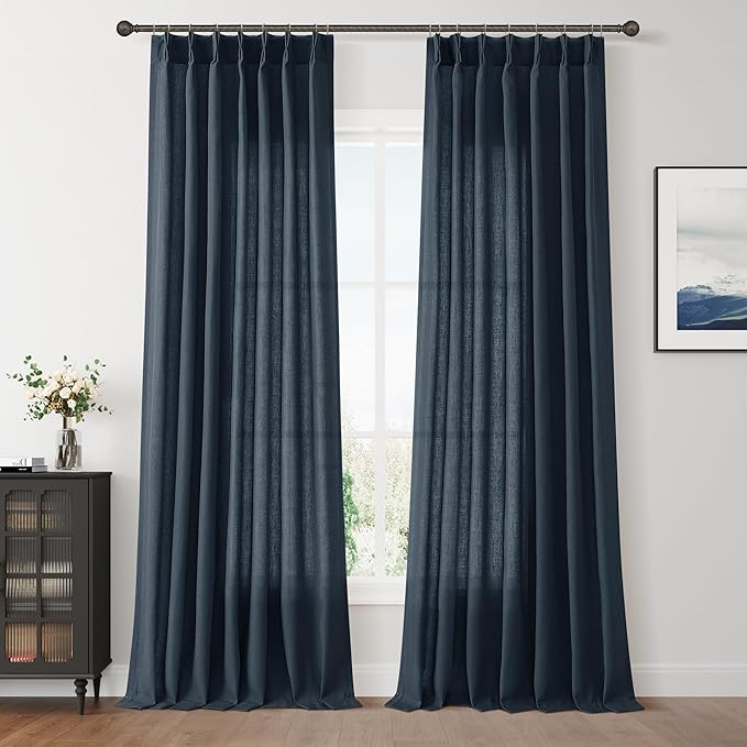 Aersas Vintage Blue Pinch Pleated Linen Curtains 120 Inches 2 Panels for Living Room Bedroom Privacy Windows Treatment Light Filtering Sliding Glass Door Curtain House Casual Decorations 40x120