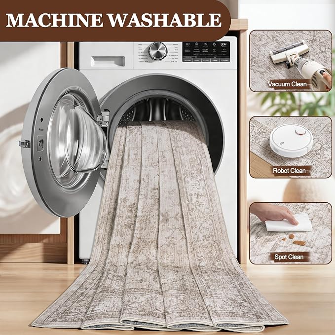 6x9 Area Rugs for Living Room:Beige Washable Vintage Medallion Carpet Non-Slip Soft Low Pile Large Rugs Indoor Retro Rug for Bedroom Nursery Dining Table Office Home(Beige Brown, 6'x9')