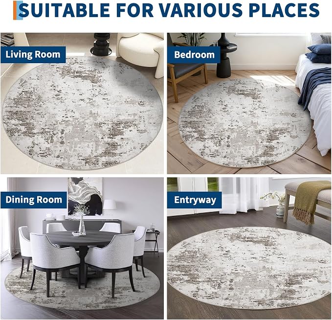 ROYHOME Modern Abstract 8x8 Round Area Rug Non Slip Non Shedding Rug Low Pile Stain Resistant for Bedroom Living Room Office Dining Room,Taupe/Beige