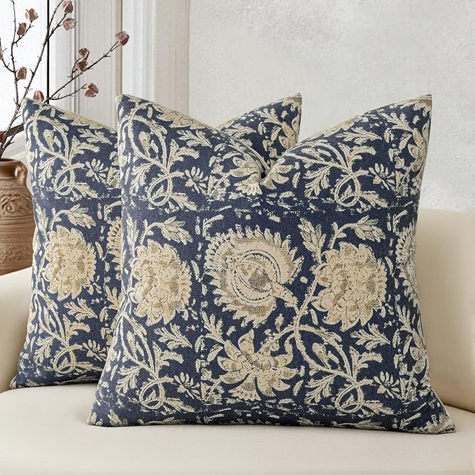 Vintage Floral Print Throw Pillow Covers 20x20 Set of 2 Neutral Modern Farmhouse Pillow Cases Accent Decorative Cushion Covers Boho Home Decor for Couch Sofa Chair Bed Living Room, Navy