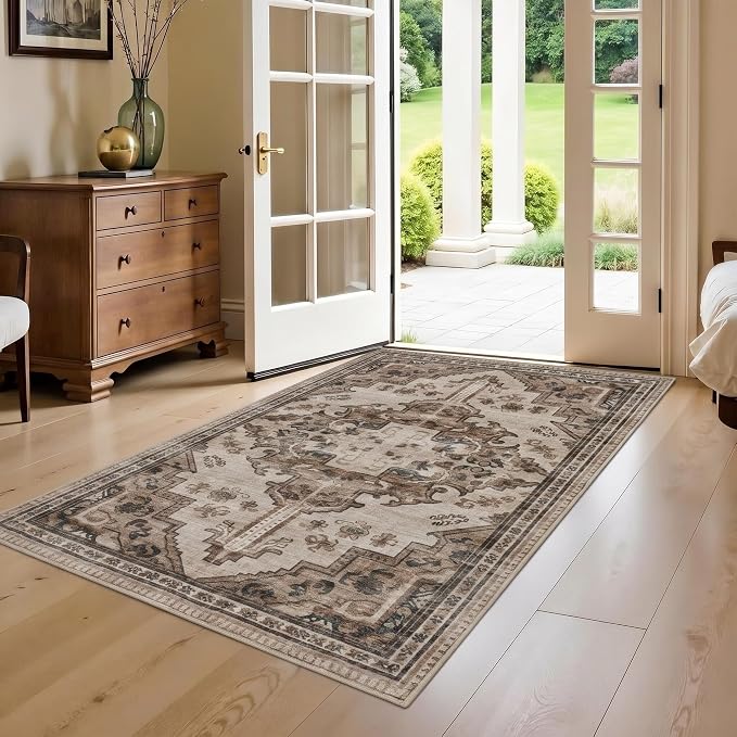 Joydeco 3x5 Area Rugs Vintage for Living Room, Light Coffee | Non Slip Machine Washable Low Pile for Living Room Bedroom Dining Room Home Office Pet & Child Friendly