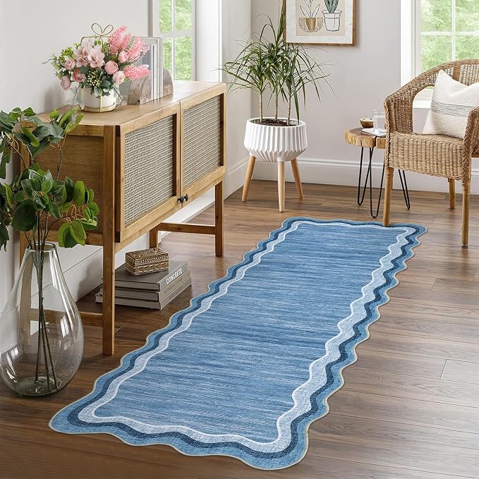 Garvee Washable Runner Rug 2x6 Scalloped Rugs for Bathroom Modern Kitchen Hallway Rugs Stain-Resistant Non-Slip Solid Rug Soft Scalloped Entryway Carpet Runner for Bathroom Laundry Bedside(Blue,2x6ft) | Modern Long Runner Rug for Entryway Bedroom, Non ...