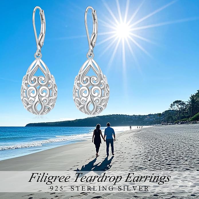 Alphm Filigree Dangle Drop Earrings 925 Sterling Silver Filigree Leverback Teardrop Earrings French Style Lightweight Hypoallergenic Jewelry Gifts for Women