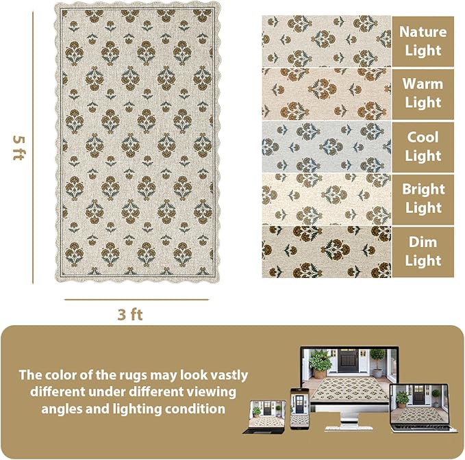 ORTIGIA Scalloped Easy Jute 3x5 Area Rug Vintage Yellow Block Floral Farmhouse Washable Rug Non-Slip Indoor Outdoor Carpet for Living Room Bedroom Kitchen Patio Entryway