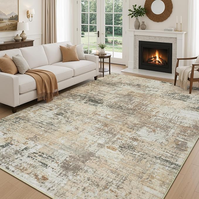 Rugflix 8x10 Area Rugs for Living Room, Washable Large Rug Stain-Resistant Low Pile, Modern Neutral Carpet for Dining Room Home Office Kid Room Nursery Bedroom, Gold/Beige/Grey