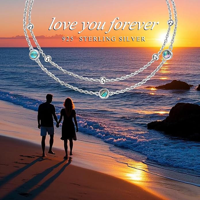 Flyow Anklet for Women S925 Sterling Silver Adjustable Foot Beaded Heart Charm Ankle Bracelet Anklets Jewelry