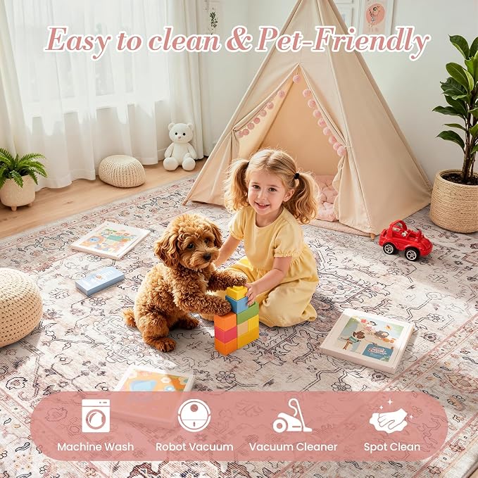 5x7 Dusty Pink Area Rugs for Living Room - Vintage Light Pink Boho Medallion Aesthetic Distressed Washable Rug, Soft Non-Slip Backing Low Pile Carpet for Nursery, Lounge, Bedroom Foot of Bed