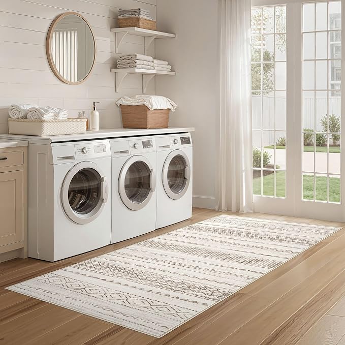 Nakagishi Runner Rug Kitchen Washable Rugs: 2x6 Non-Slip Boho Soft Modern Stain Resistant Indoor Floor Neutral Farmhouse Throw Carpet for Hallway Bathroom Laundry Room Entryway Bedroom- Brown