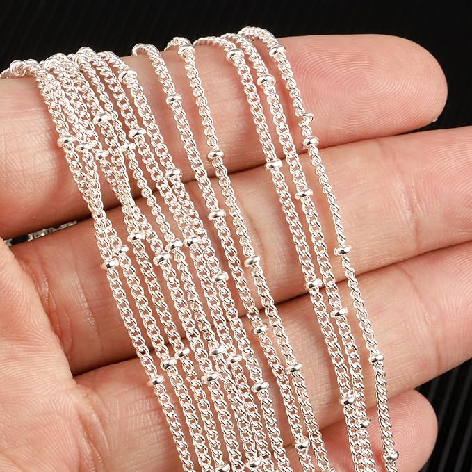 Wholesale 12PCS Silver Plated Brass Curb Chain Satellite Beaded Chains Bulk for Jewelry Making (16 Inch(1.5mm))