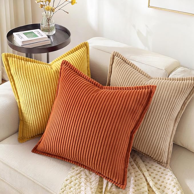 decorUhome Fall Corduroy Rust Throw Pillow Covers 12x20 Set of 2 | Lumbar Couch Decorative Soft Modern Boho Farmhouse Pillow Covers Broadside Striped Pillow Cases for Living Room Bed Sofa