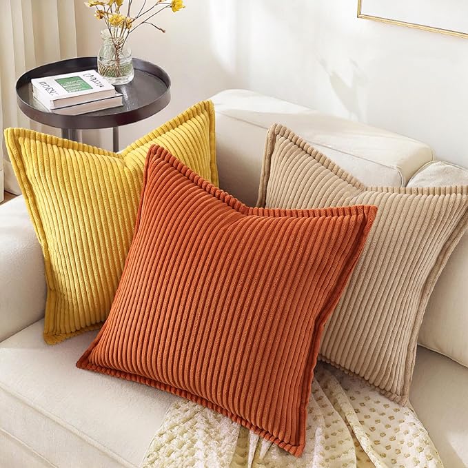 decorUhome Fall Corduroy Rust Throw Pillow Covers 18x18 Set of 2 | Couch Decorative Soft Modern Boho Farmhouse Pillow Covers Broadside Striped Pillow Cases for Living Room Bed Sofa