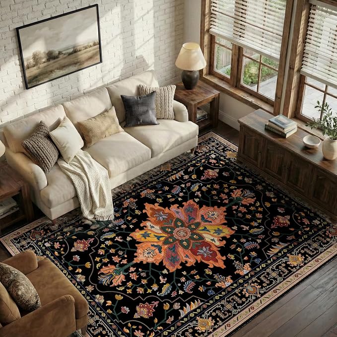 RELEANY Area Rugs 6'x9' Washable Non-Slip, Floral Vintage Distress Medallion Carpet for Living Room Bedroom Dining Room, Black Colorful Floral Dark Tan