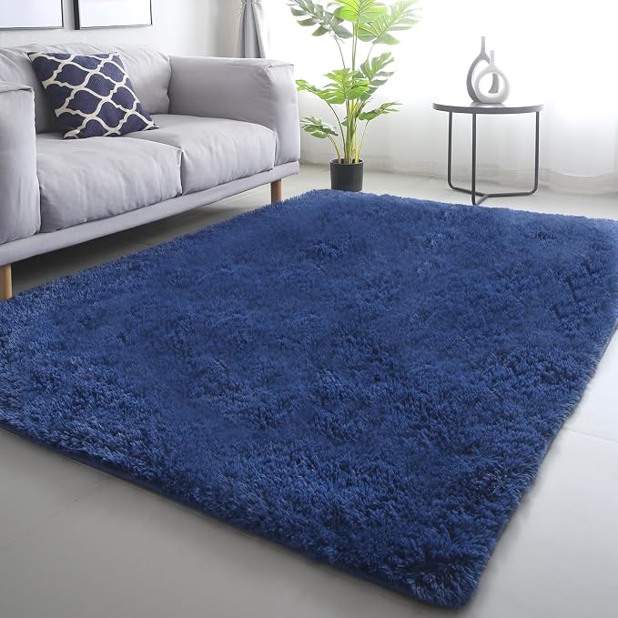 Blue Shag Area Rug 5x7 Bedroom - Soft Fluffy Non-Skid Carpet | Soft as Cotton Under Little Feet - Dense Microfiber Shag Kids Love to Sit, Play and Walk Barefoot on All Day Long