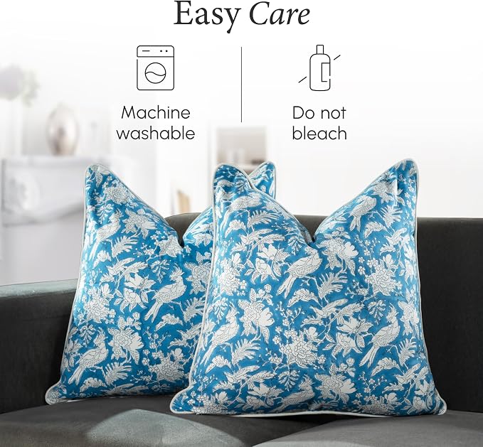 CPC 100% Cotton Throw Pillow Covers 24x24 Inch, Set of 2 Blue Block Print Pattern Couch Pillow, Cute Boho Decorative Pillows for Living Room, Bedroom with Hidden Zipper- Blue Sapphire
