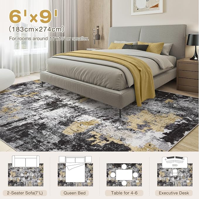 Abstract 6x9 Area Rug: Machine Washable Non Slip Ultra Thin Low-Pile Carpet, Soft Stain Resistant for Living Room Bedroom Nursery, Kid Pet Friendly, Robot Vacuum Compatible - Black Gold