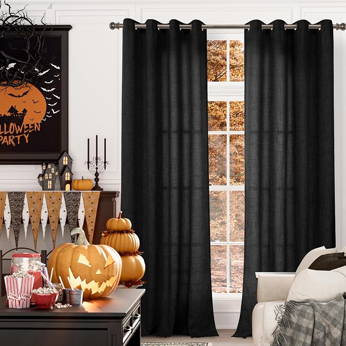 YoungsTex Black Curtains Linen 95 Inch Length, Light Filtering Drapes Bronze Grommet Floor Length for Living Room Bedroom Hallown Gothic Decorative, 52 X 95 Inch