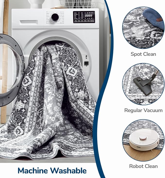 Lessymo 6x9 Bedroom Area Rugs- Machine Washable Area Rugs, Super Soft Faux-Wool Area Rug for Living Room, Boho Area Rug Vintage Floral Medallion Non-Slip Low Pile, Grey White