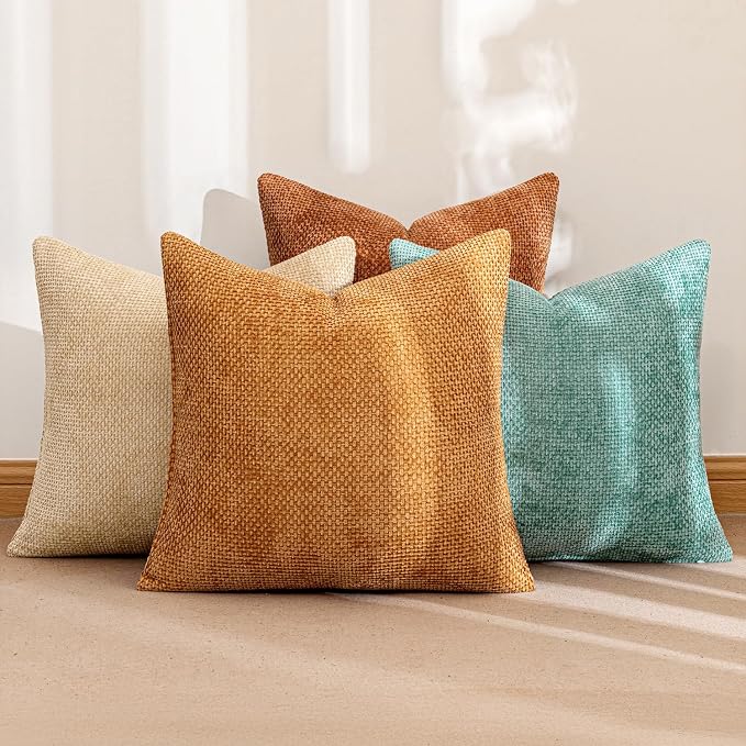 MIULEE Pack of 4 Orange/Teal Couch Throw Pillow Covers 18x18 Inch Yellow Green Soft Decorative Chenille Pillows Farmhouse Accent Cushions for Boho Fall Home Decor Sofa Bedroom Living Room