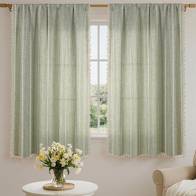 ColorBird Sage Green Boho Curtains Linen-Textured for Living Room Light Filtering Modern Farmhouse Whimsical Decor Drapes Embroidered Striped 63 Inch Length for Dining Room Bedroom