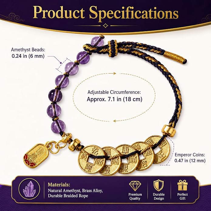 Feng Shui Bracelet with Five Emperor Coins, Beads Amulet for Wealth & Good Luck, Spiritual Protection Jewelry, Adjustable Ha