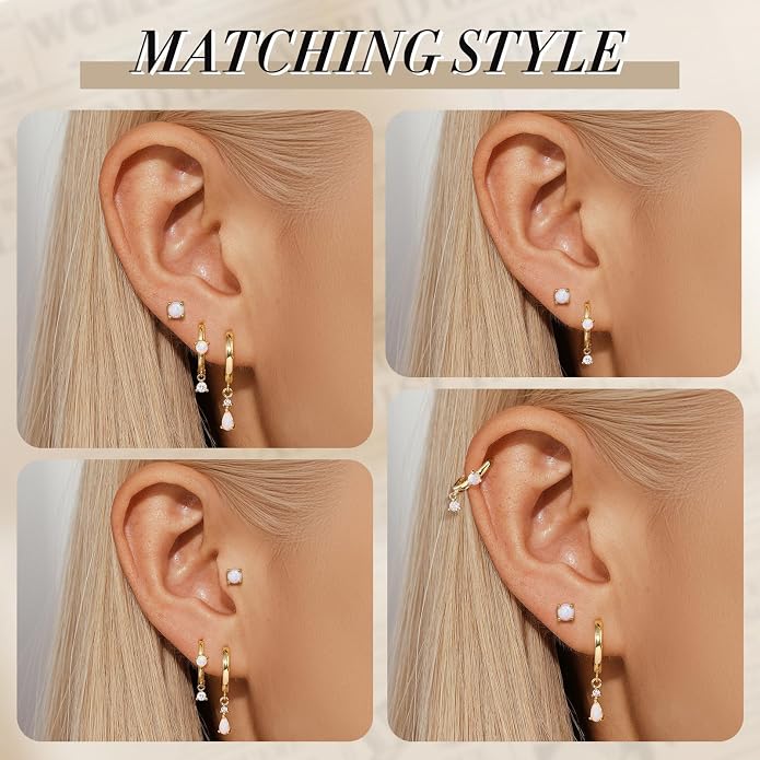 Angelady Opal Earrings Set for Women, Hypoallergenic S925 Sun Stud Earring for Sensitive Ears, Dainty Hoop Huggie Silver Opal Dangle Earring Stacks, Blue Earrings for Women Trendy 2025